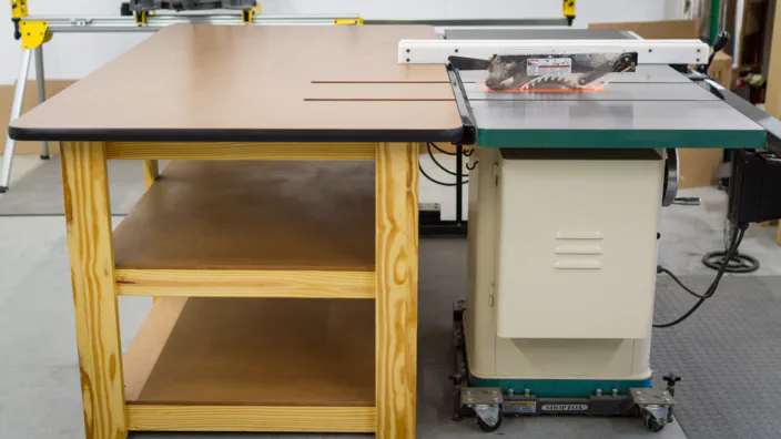 The completed workbench and table saw outfeed table.