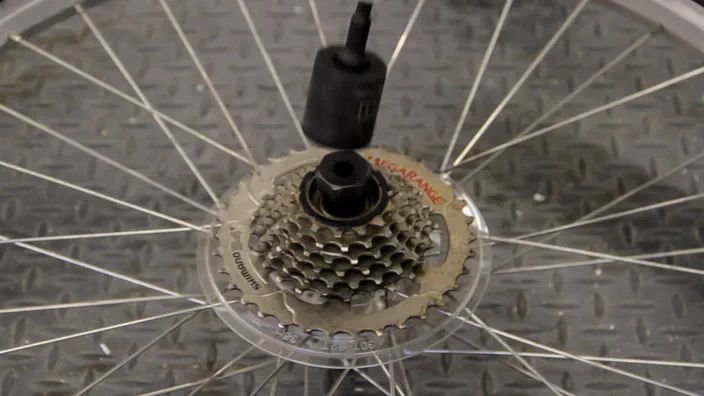 A freewheel set on a bicycle wheel.