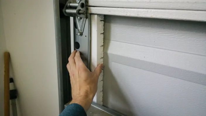 Inserting the initial small piece of garage door insulation.