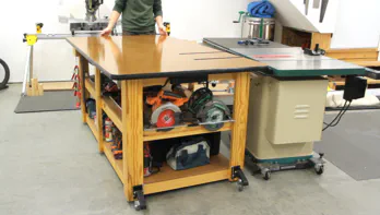 The workbench is moved around on casters.